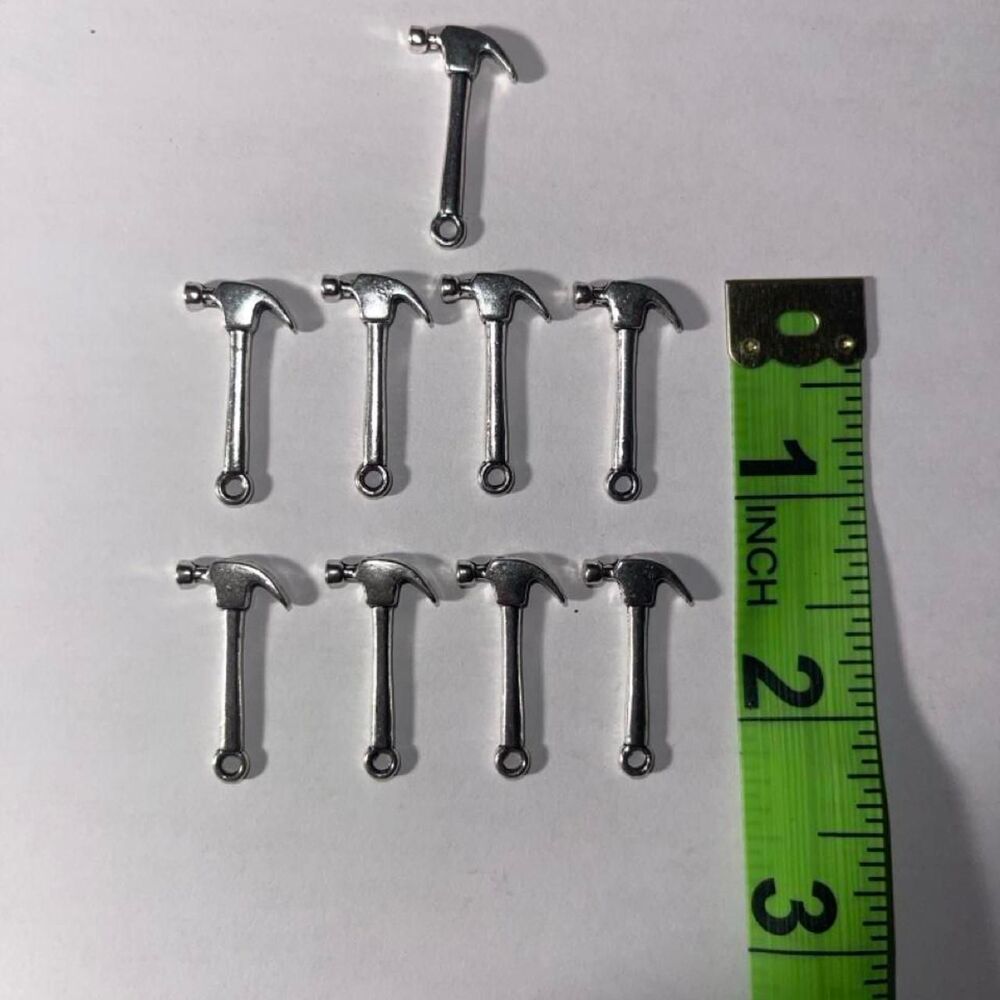 1" Silver Tone Hammer Tool Charms Lot of 9 Hardware Pendants Craft Findings